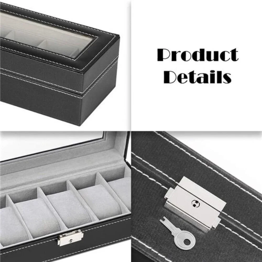 6 Slots Watch Box Organizer for Men, Black Watch Holder Stand Display Storage